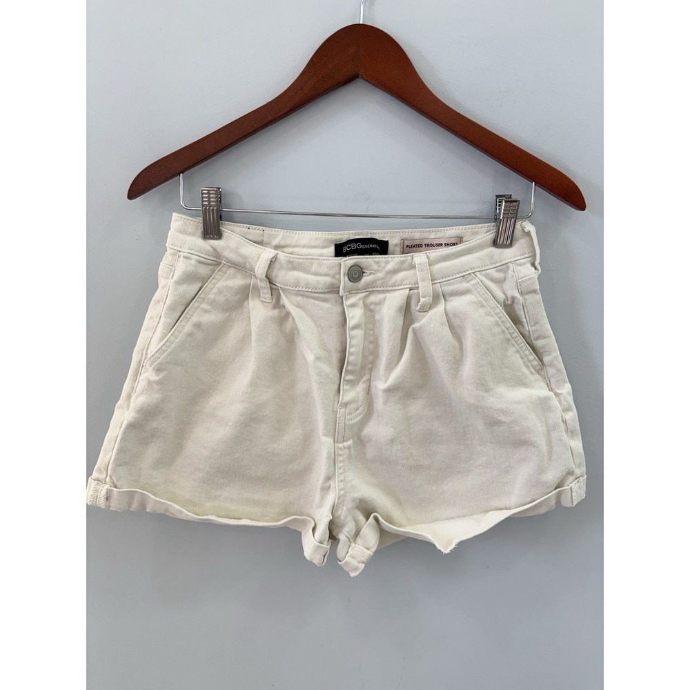 BCBG Generation White Pleated Trouser Shorts 9/29 High Rise Cuffed Cotton - Picture 4 of 9